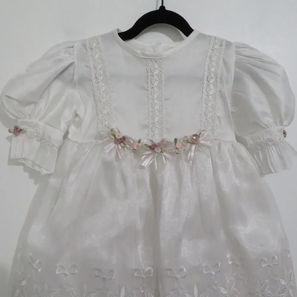 Kids Sz 3 White Baptism Christening Dress Embroidered Bows Flowers Puffy Sleeves
